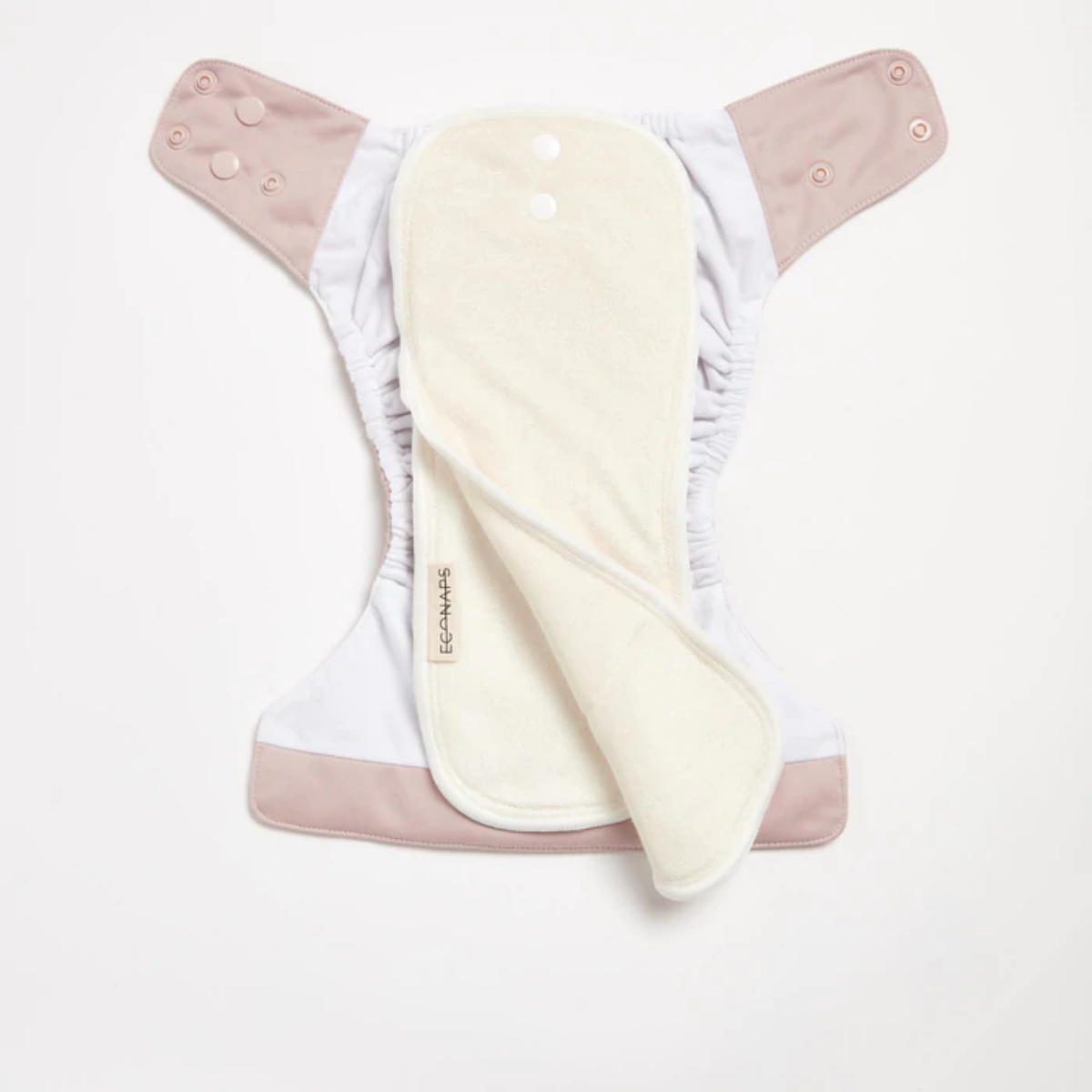 An open Dusty Rose 2.0 Modern Cloth Nappy by EcoNaps on a white surface.