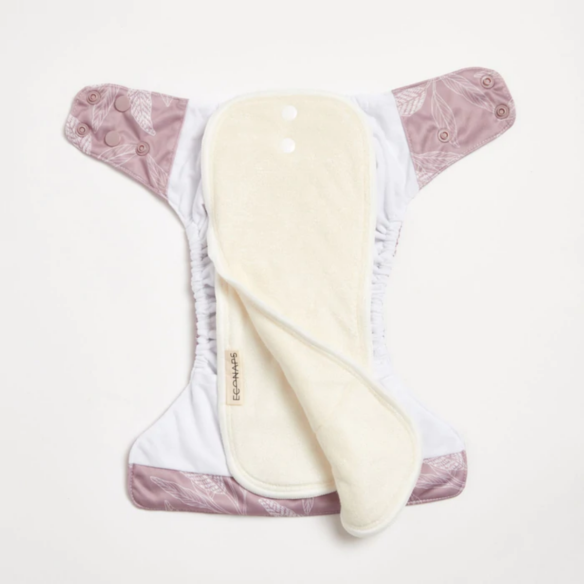 An open Mauve Native 2.0 Modern Cloth Nappy by EcoNaps on a white surface.